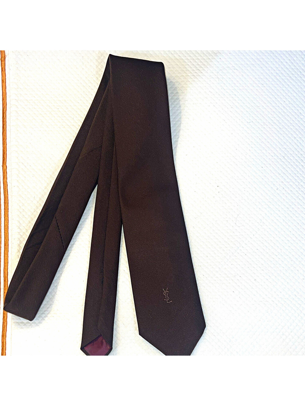VintageYves Saint Laurent Men’s Tie Brown/Burgundy Solid Woven Pointed logo